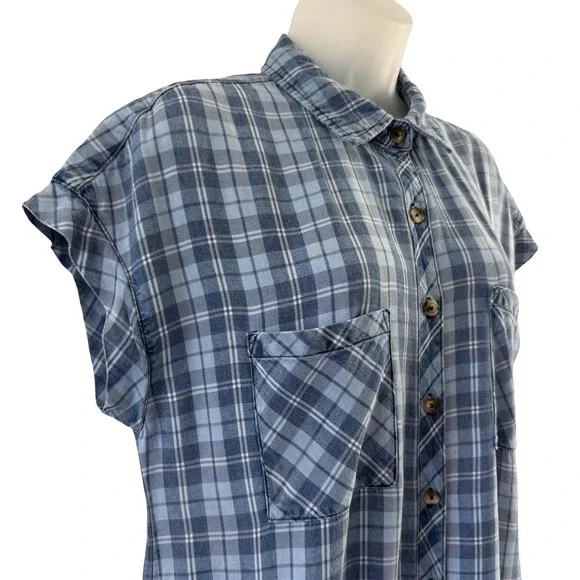 Billy T Shirt Dress Womens Medium Blue Plaid Button Front Pockets Midi Casual - Picture 8 of 16